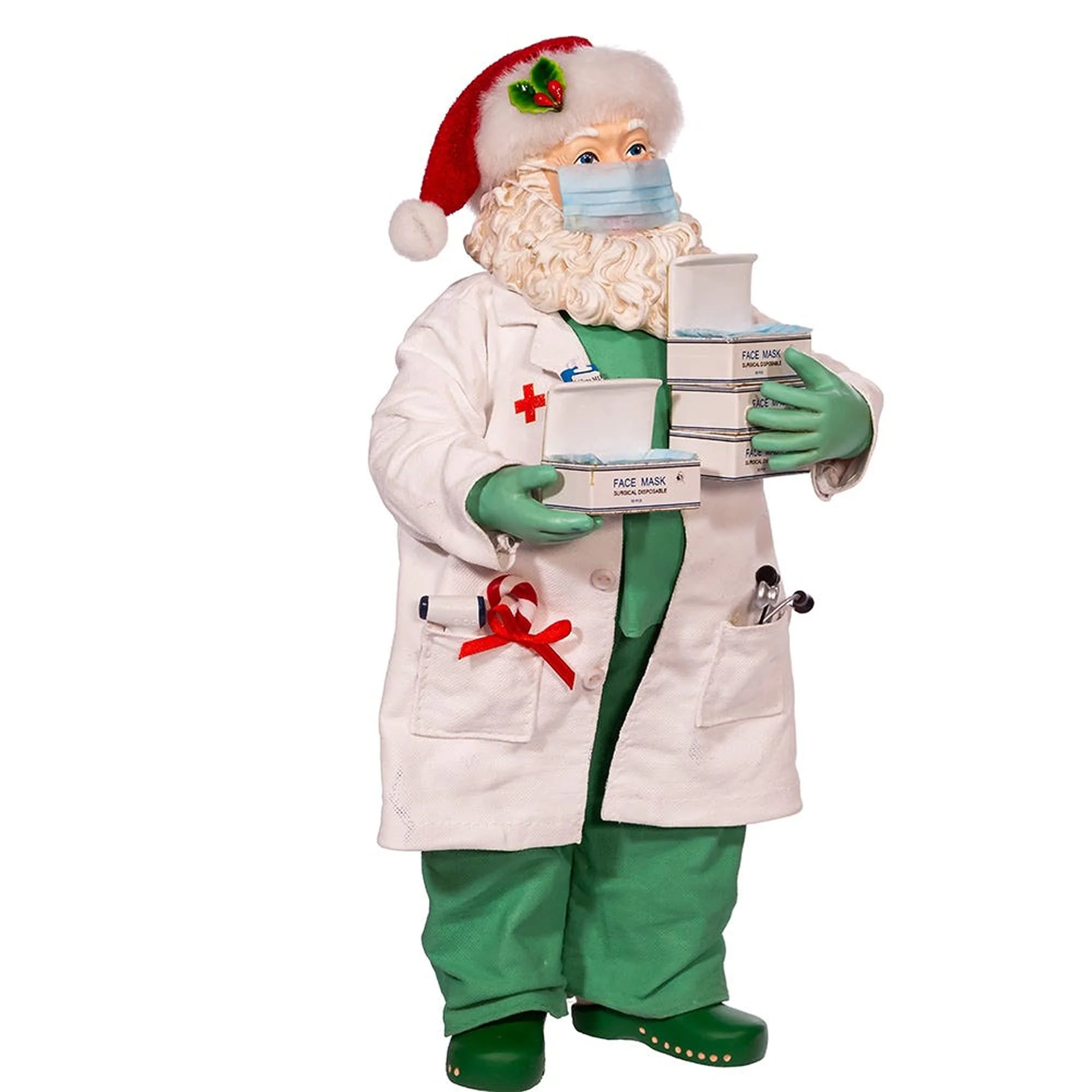 Kurt Adler 10.5-Inch Fabriche Santa Doctor in Scrubs Holding Boxes Of Masks, Multi-color, (FA0144) - Image 3